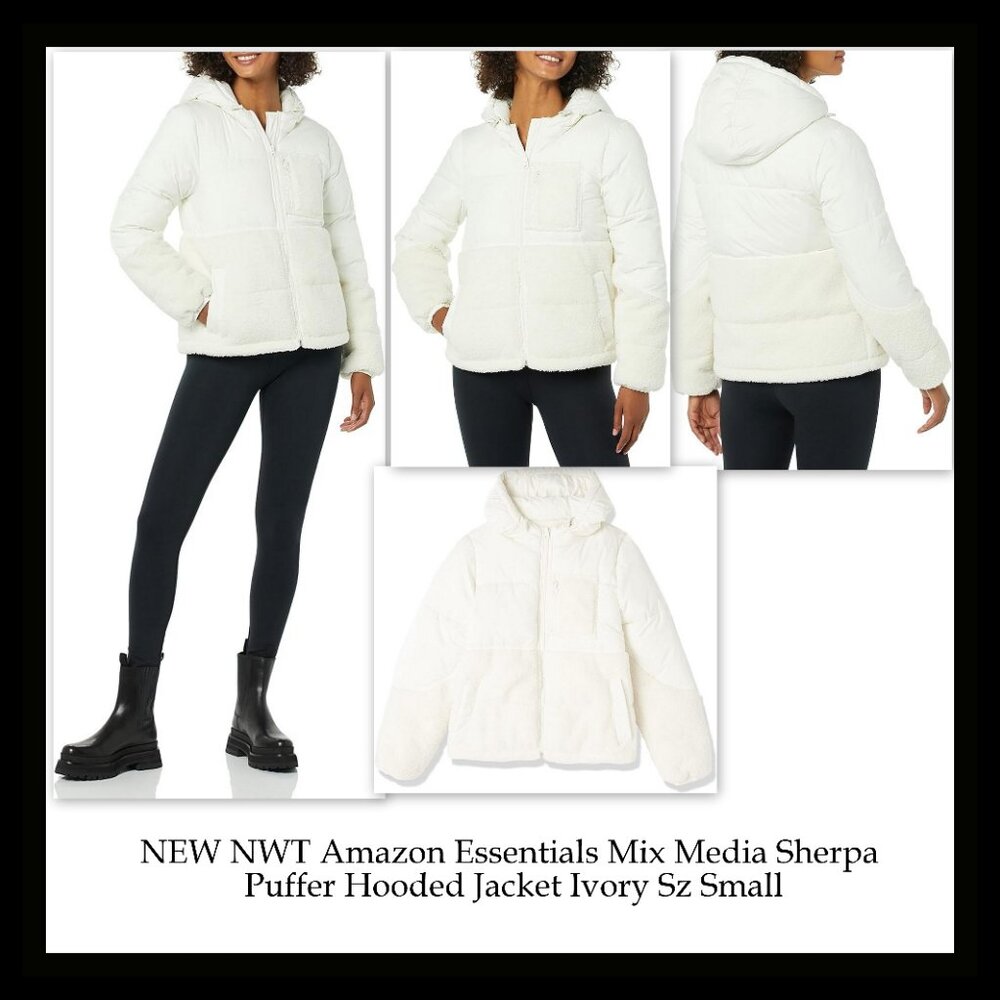 NEW  NWT Amazon Essentials Mix Media Sherpa Puffer Hooded Jacket Ivory Sz Small